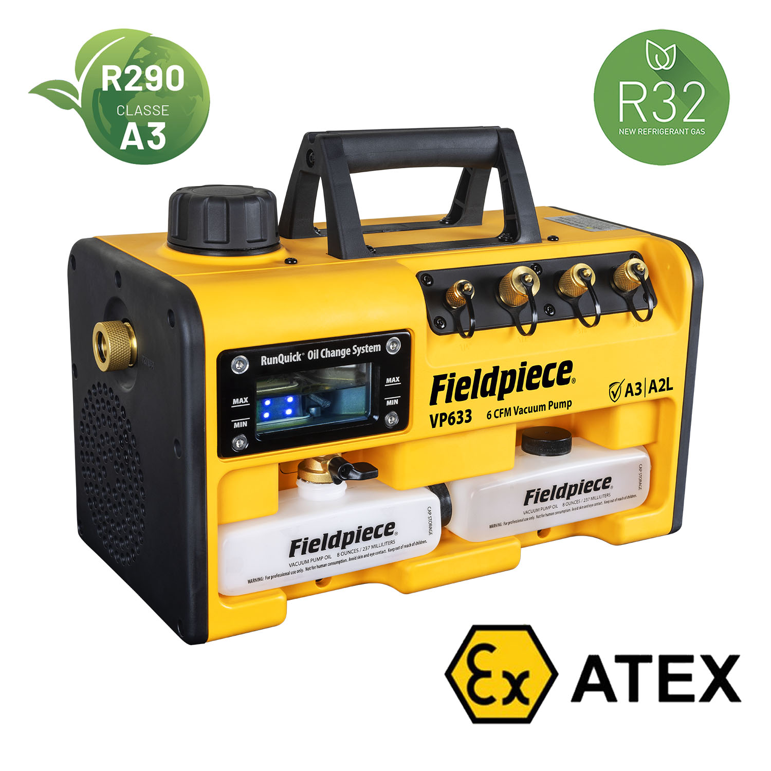 Fieldpiece USA - VP633 - pompa per vuoto classificata ATEX adatta per refrigeranti A3-A2L-A1 - portata 170 litri/minuto (10,2 mc/ora), alta qualità, elevate prestazioni - grado di vuoto 2 x10(-2) mbar - 0,02 mbar/2 Pa/15 micron