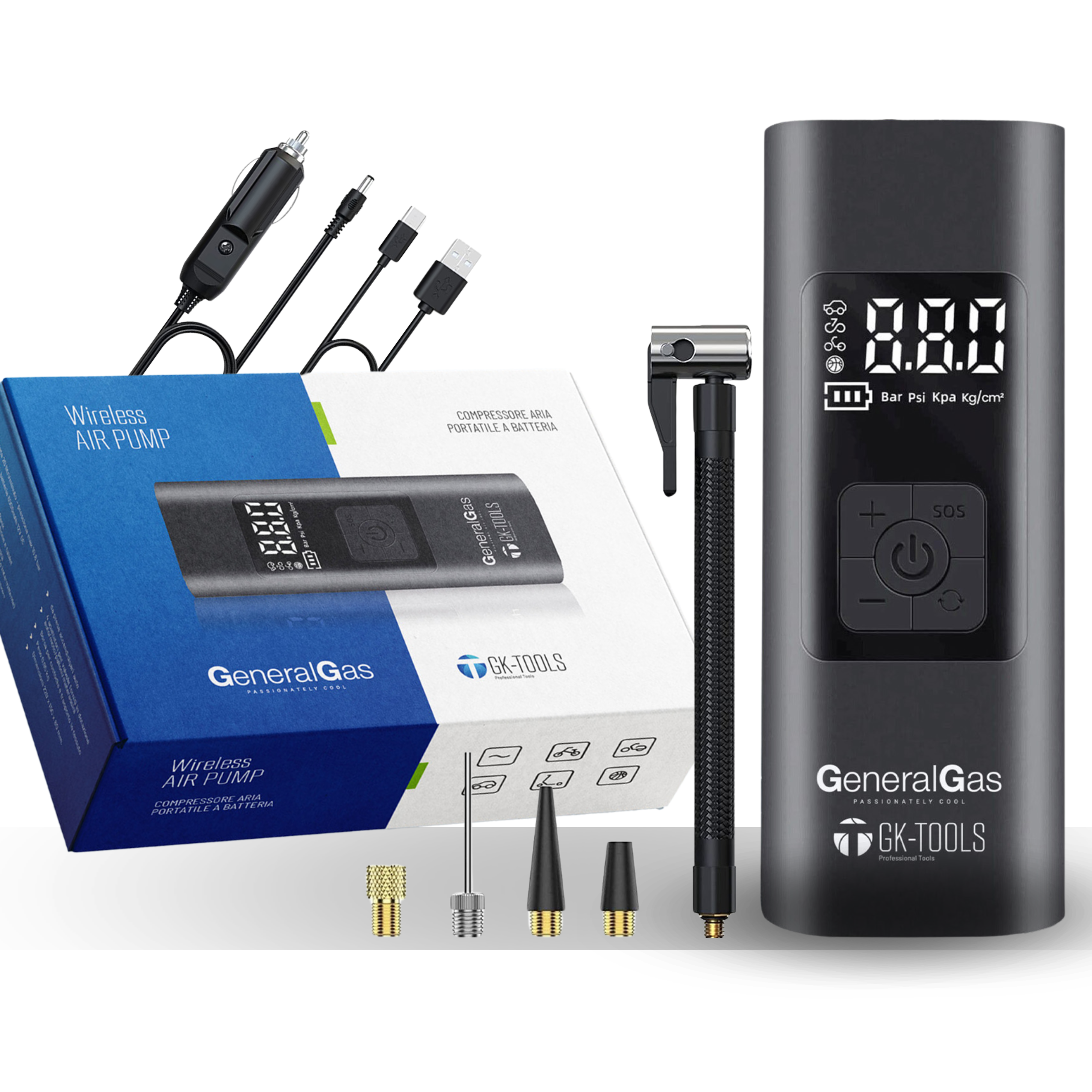 Compressore Portatile a Batteria Ricaricabile con Cavo USB e Presa Accendisigari - Portata 20 litri/minuto, Pressione Max 10,8 bar - Foto 1 