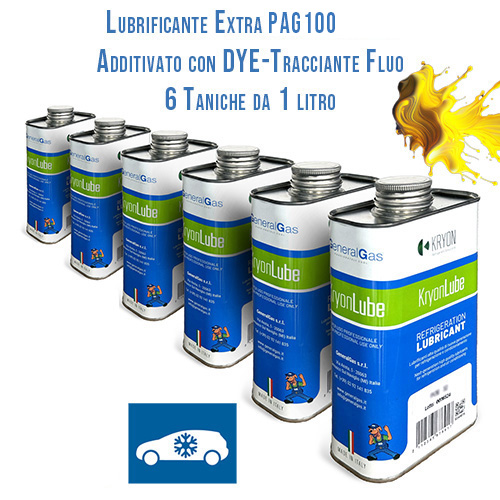 Lubrificante AUTO KryonLube EXTRA 100 PAG additivato con tracciante fluorescente (dye) - 6 taniche in metallo da 1 litro