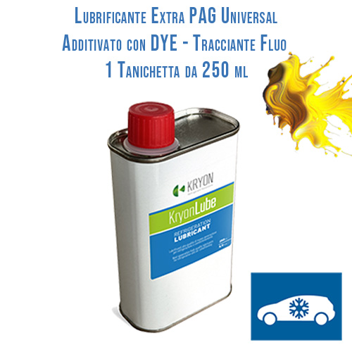 Lubrificante AUTO KryonLube EXTRA Universal PAG per R134a e R12434yf - additivato con tracciante fluorescente (dye) -1 tanica in metallo da 250ml