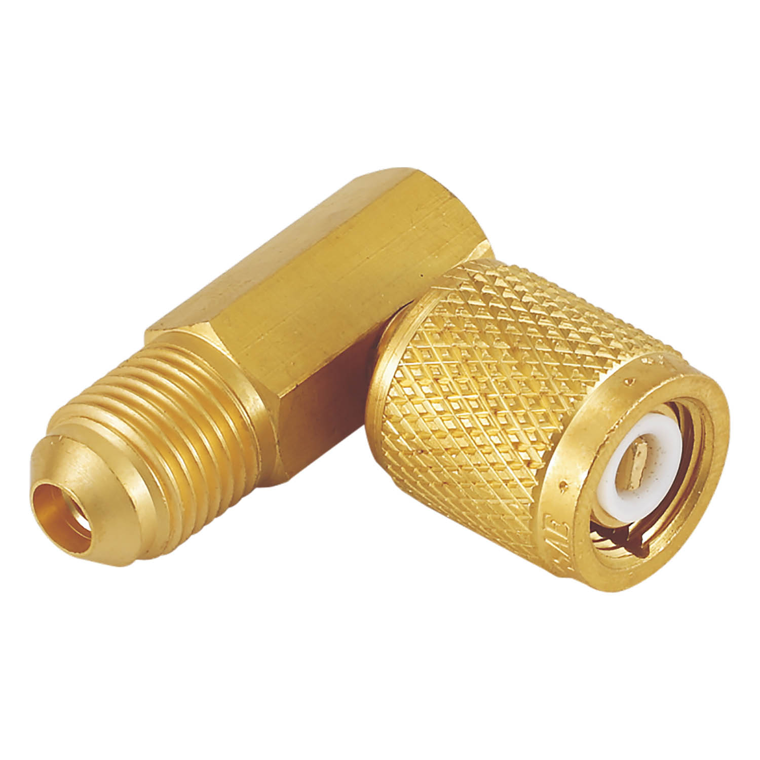 Adattatore 90° in Ottone per Valvola 5/16 SAE femmina girevole (con depressore), Uscita 5/16 SAE Maschio (Value V01)