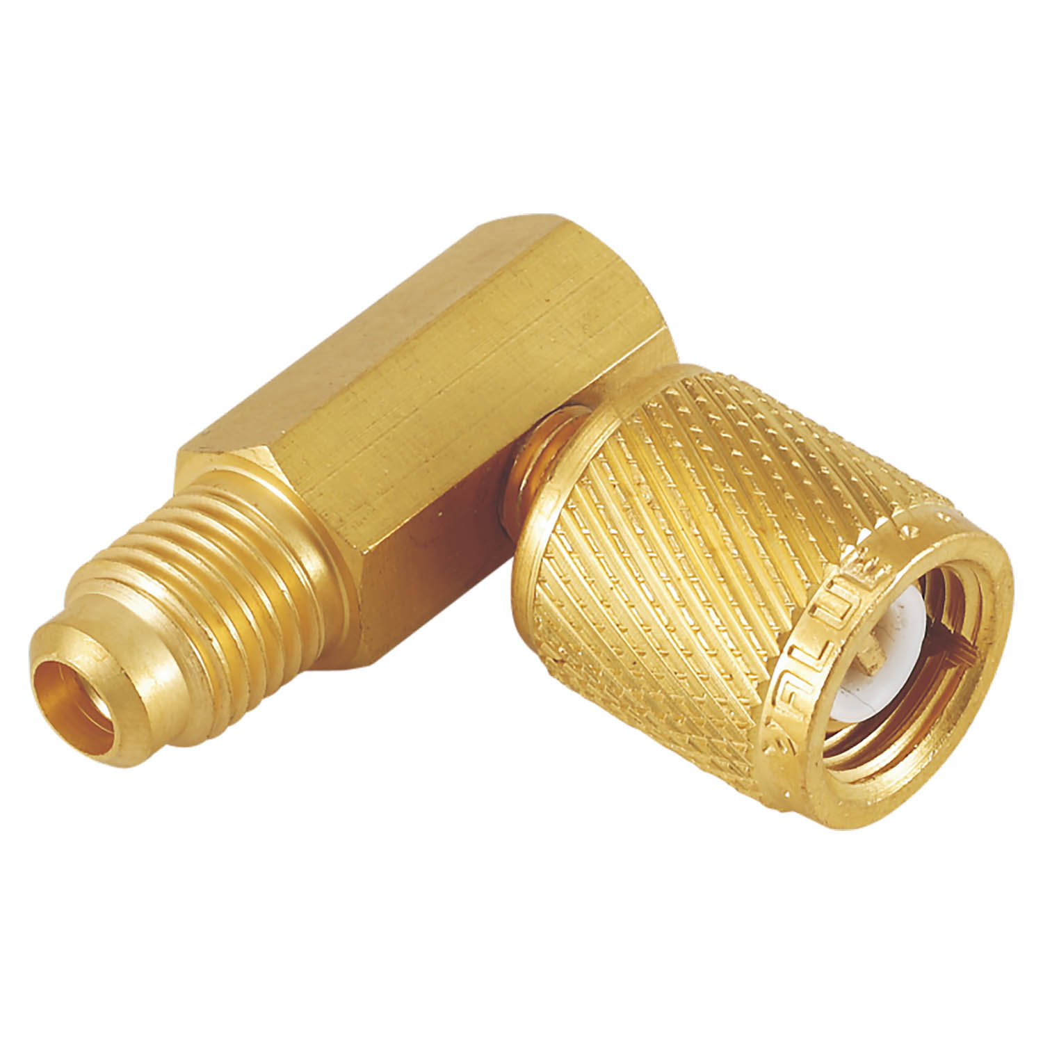 Adattatore 90° in Ottone per Valvola 1/4 SAE Femmina girevole (con depressore), Uscita 1/4 SAE Maschio (Value V04)