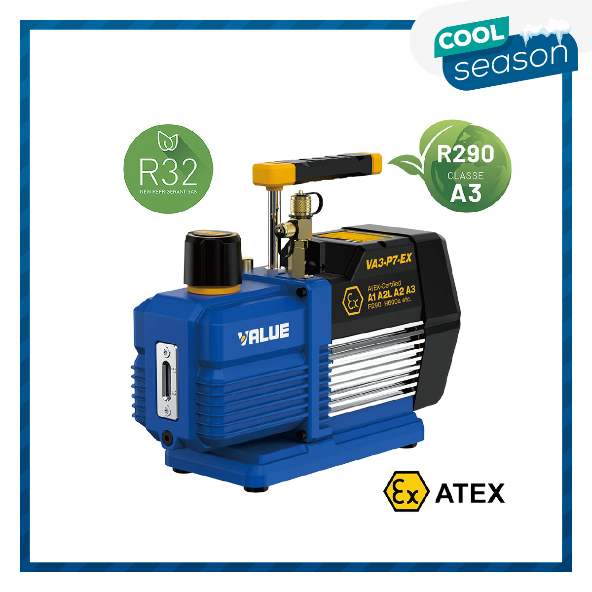VALUE VA3-P7-EX ATEX vacuum pump capacity 198 litres/minute, vacuum 15 microns, suitable for A3 (R290 and R600a), A2, A2L and A1 refrigerants - two-stage, 3/4 HP motor - vacuum degree 2 x10(-2) mbar - 0.02 mbar/2 Pa/15 microns - with non-return valve