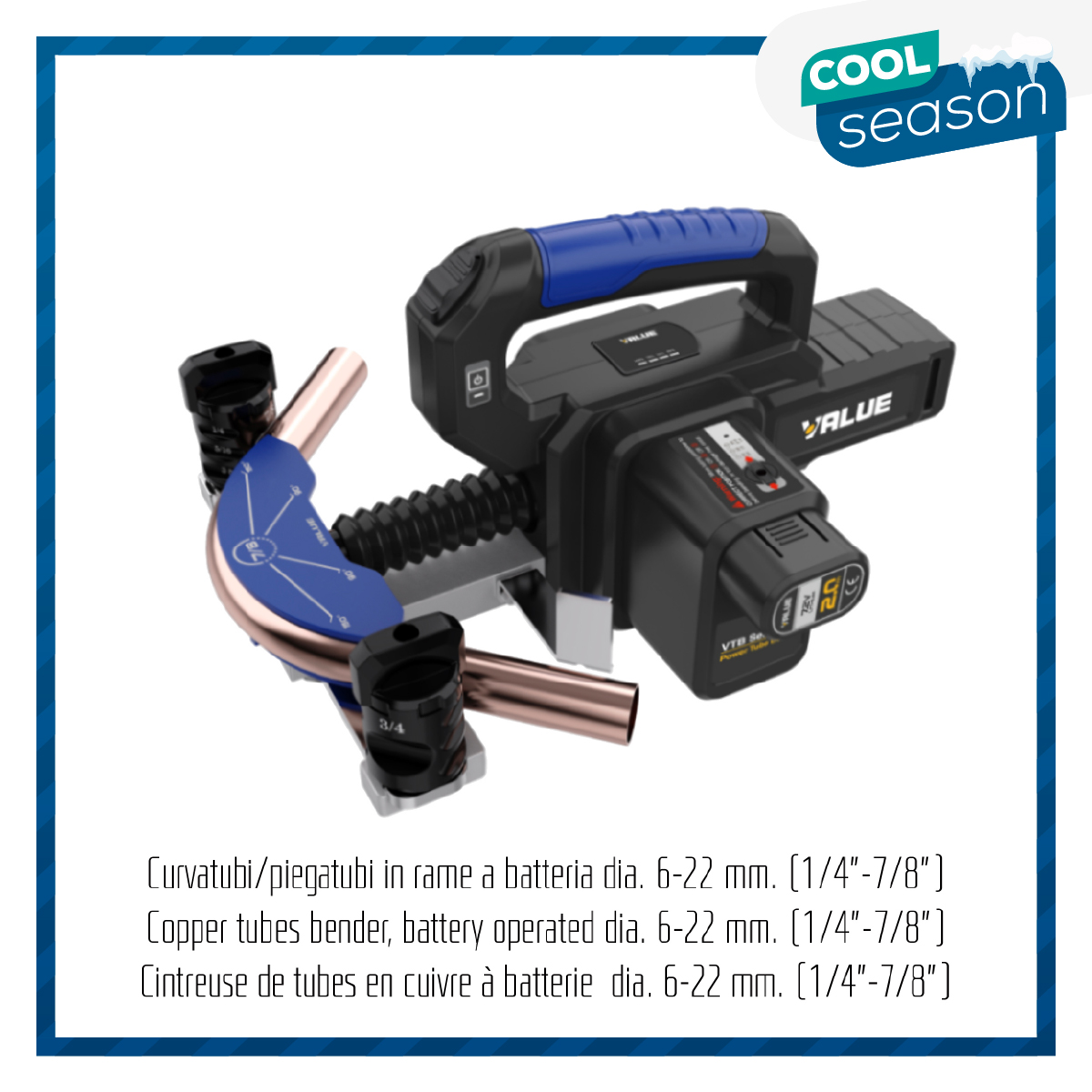 VALUE Piegatubi curvatubi in rame (HVACR) a batteria VTB-22L - per tubi ¼ (6mm), 5/16 (8mm), 3/8 (10mm), 1/2 (12mm), 5/8 (16mm), 3/4 (19mm), 7/8 (22mm)