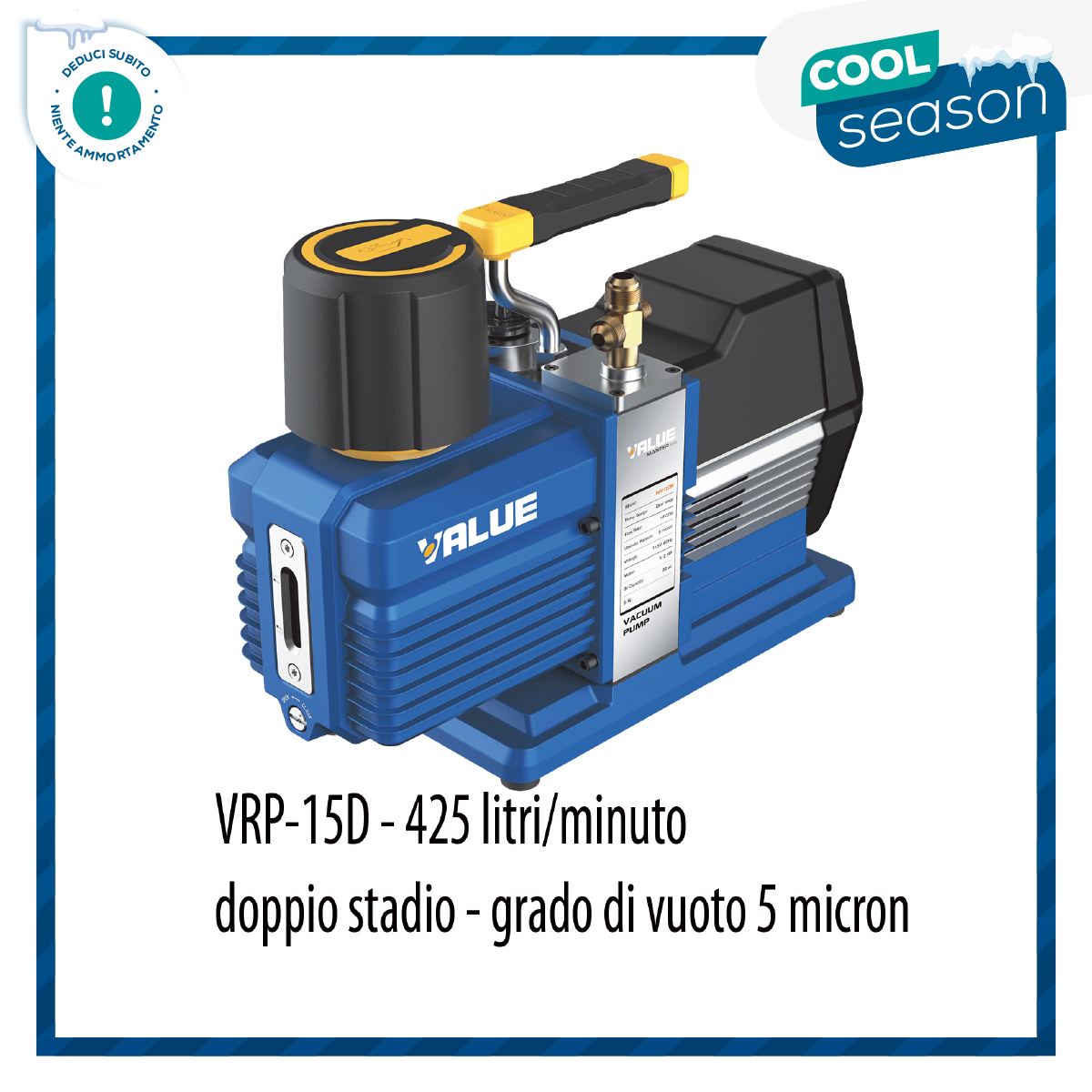 VALUE VRP-15D pompa vuoto portata 425 litri/minuto, vuoto 5 micron, elevate prestazioni, altissimo vuoto, doppio stadio, motore 3/4 HP - grado di vuoto 0,67 x10(-2) mbar - 0,0067 mbar/0,67 Pa/5 micron/0,005 Torr