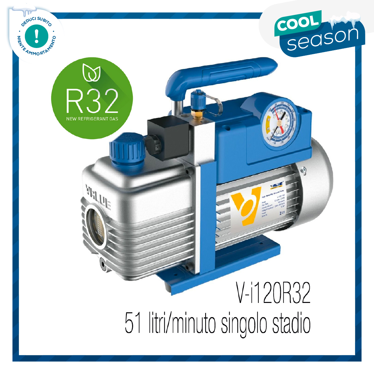 VALUE Pompa vuoto singolo stadio, adatta anche per R32 e A2L, portata 51 litri/minuto, motore 1/4 HP, grado di vuoto 0,2 mbar/20 Pa/150 micron - con elettrovalvola e vacuometro