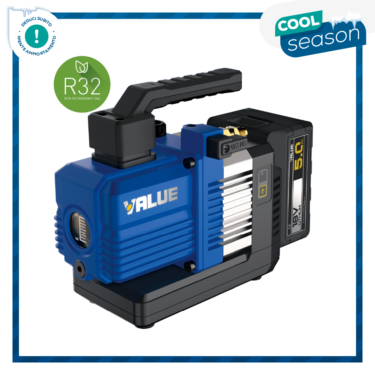 VALUE Pompa vuoto VRP-2DLi due stadi a batteria (1 batteria inclusa) portata 57 litri/minuto, adatta anche per R32 e refrigeranti A2L
