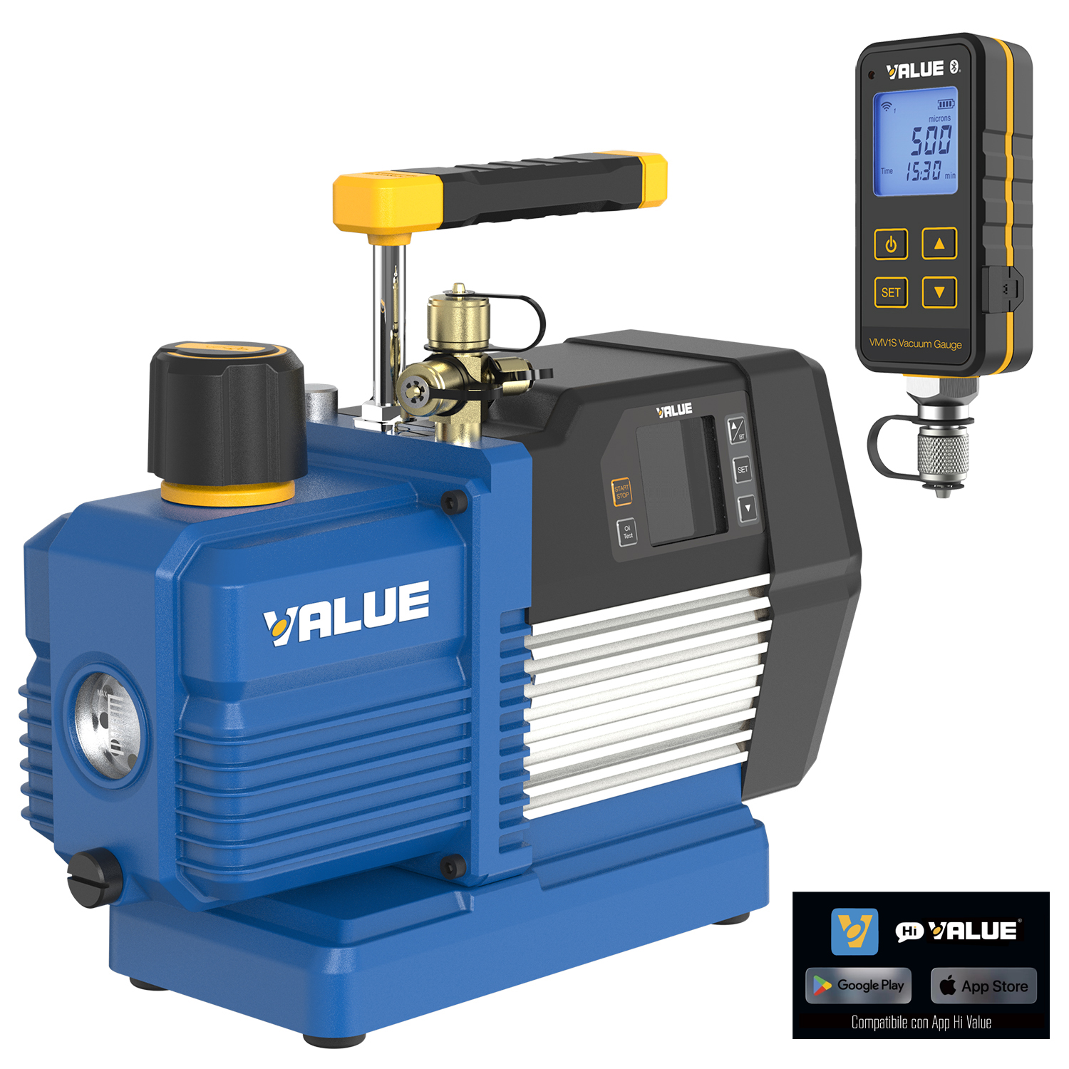 VALUE VP8DSV Pompa Vuoto a doppio stadio adatta per refrigeranti A1 e A2L (incluso R32), con display digitale - portata 226 L/min (8 CFM), 15 Micron - dotata di vacuometro digitale wireless VMV1S, per misurazione anche da remoto