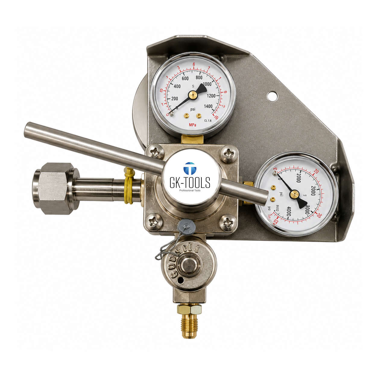 N2 pressure regulator N2/H2 PREMIUM, France–Belgium–Portugal fitting, dual connection 21.8 × 1/14 RH female and M10×1 – 48 bar outlet for leak testing with nitrogen and 5% hydrogen mixture