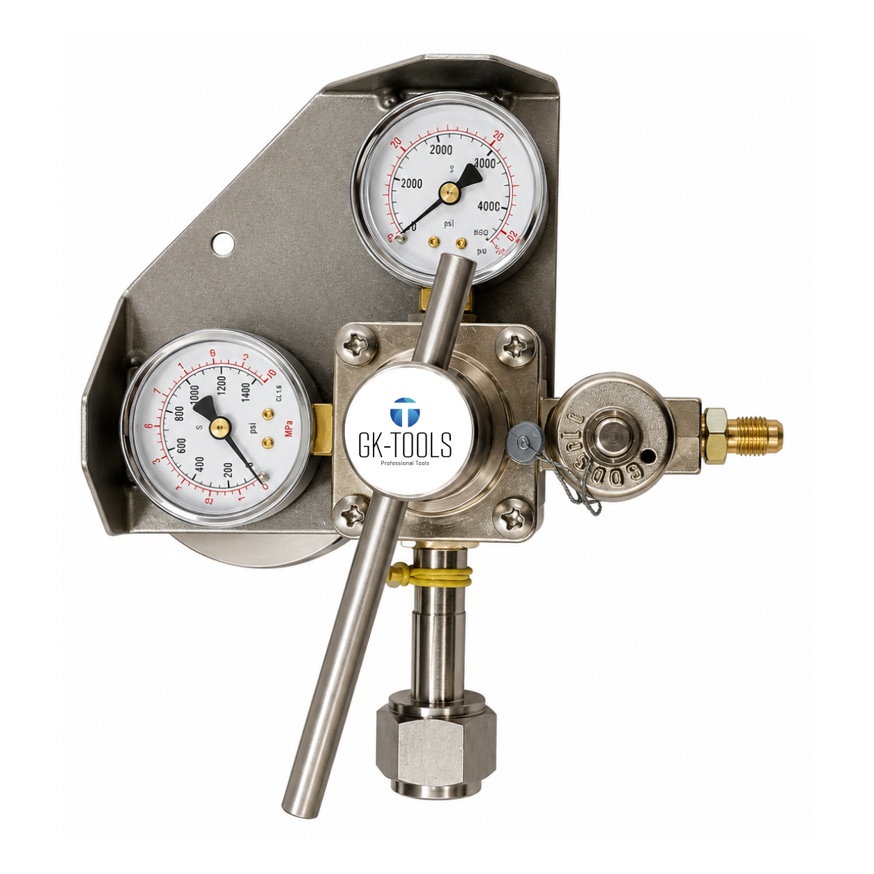 N2 pressure regulator N2/H2 PREMIUM, GERMANY fitting, dual connection 24.32 × 1/14 RH female and M10×1 – 48 bar outlet for leak testing with nitrogen and 5% hydrogen mixture