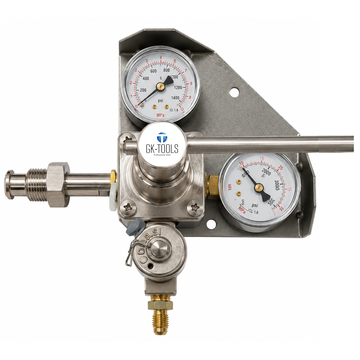 Pressure Regulator nitrogen N2, N2/H2 PREMIUM Italy - dual connections: 21.7 x 1/14 male and M10x1 - 48 bar output for leak testing with nitrogen and a 5% hydrogen-nitrogen mixture