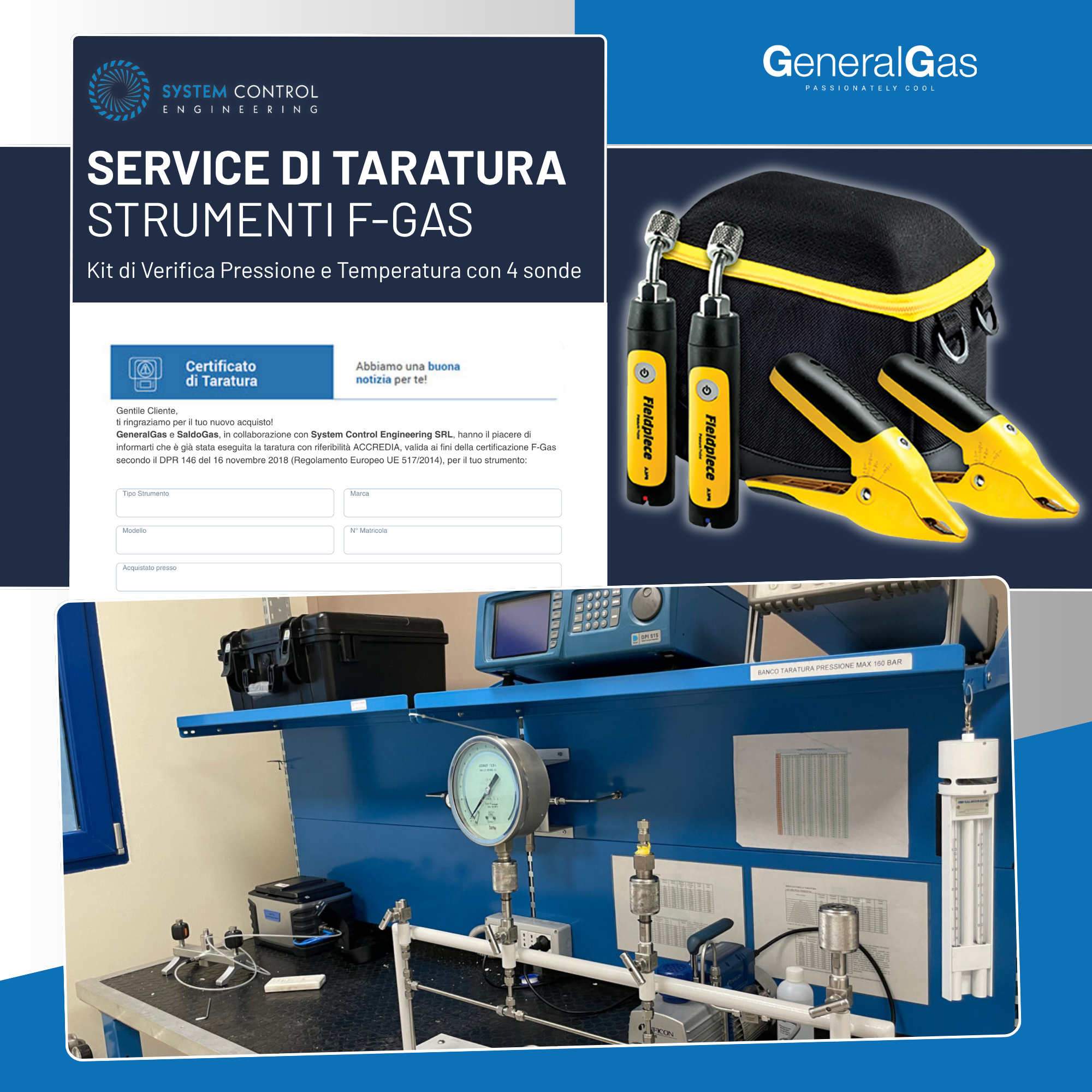 Calibration Report Ref. ACCREDIA or equivalent EA - Pressure and Temperature Verification Kit with 4 probes, compliant with EU F-Gas Reg. n° 517/2014