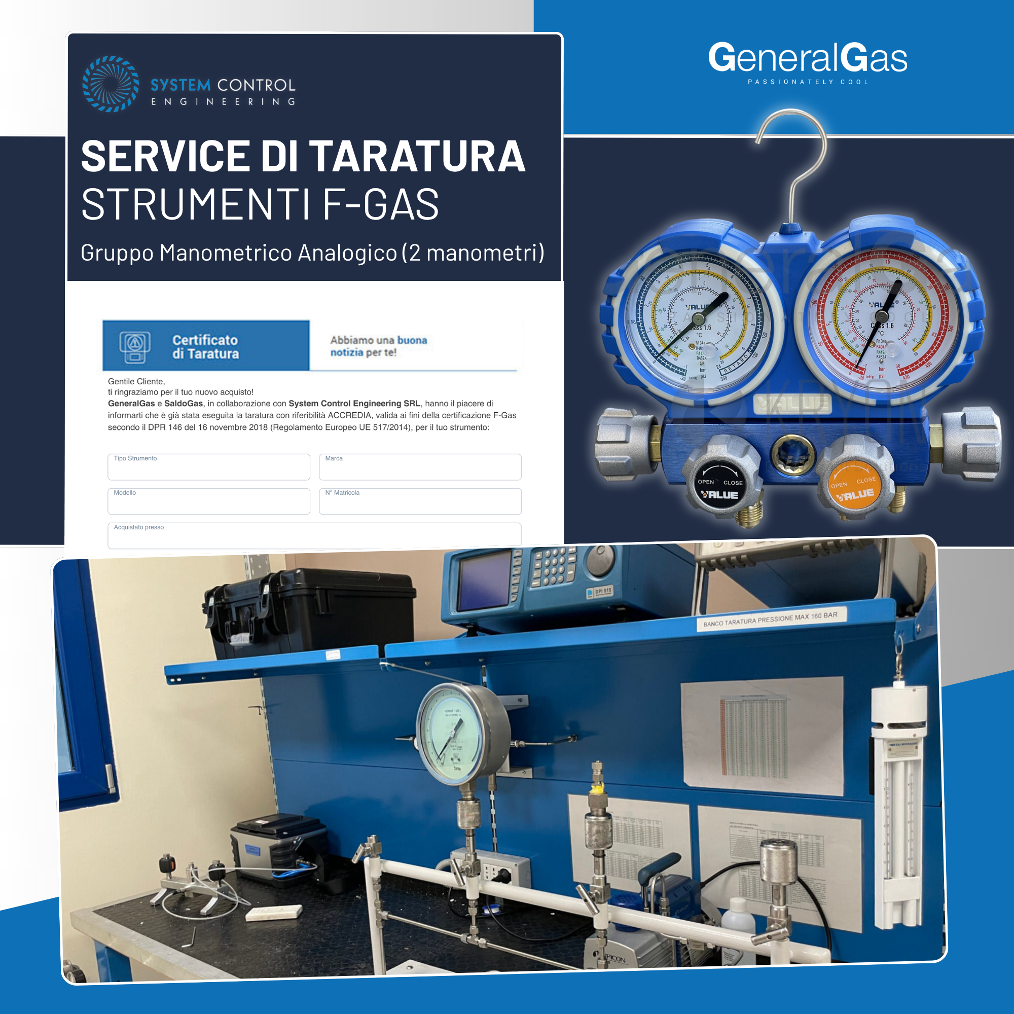 Calibration Report Ref. ACCREDIA or equivalent EA - Analogue Manometric Group (2 gauges), compliant with EU Reg. F-Gas n° 517/2014