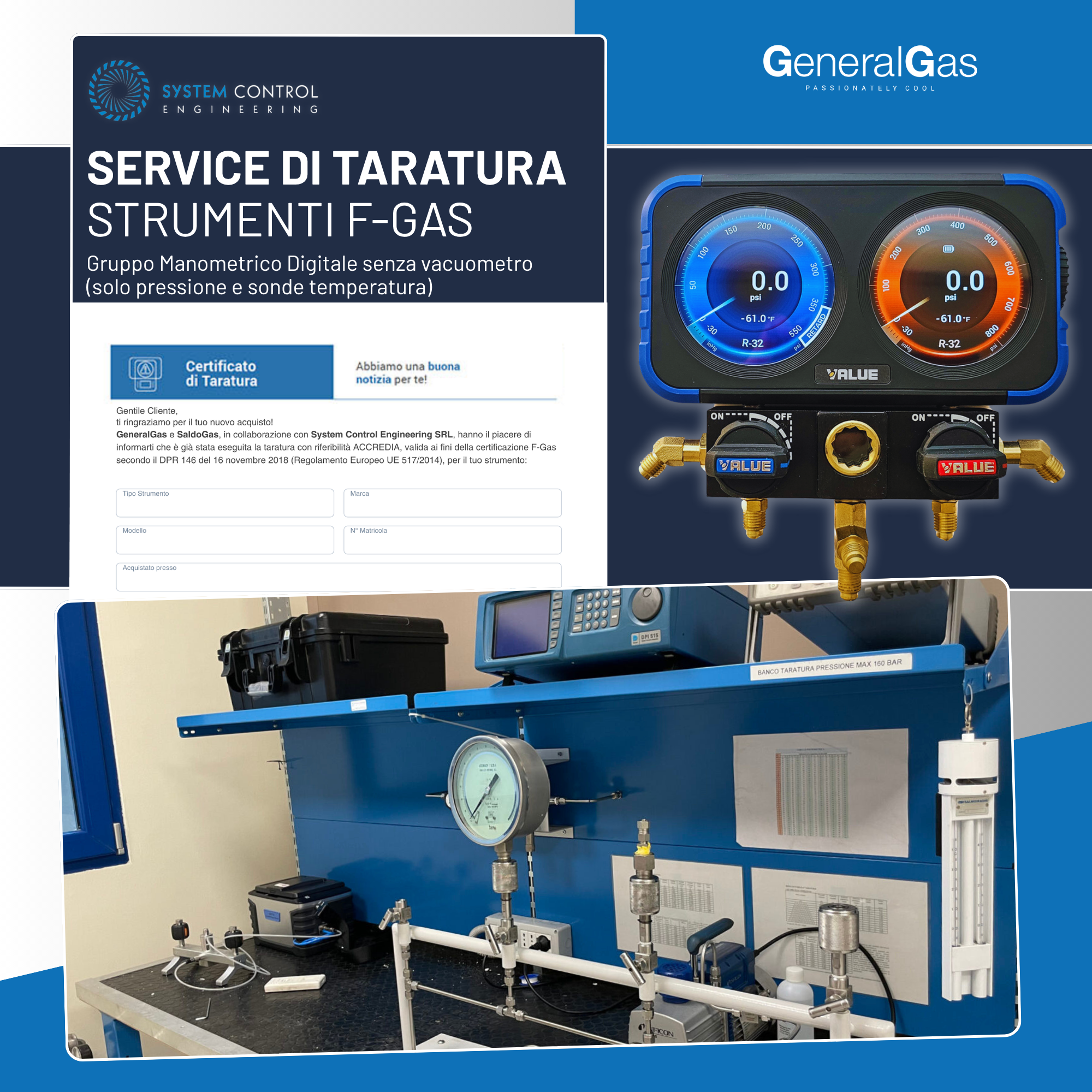Calibration Report Ref. ACCREDIA or equivalent EA - Digital Manometric Group without vacuum gauge (only pressure and temperature probes), compliant with EU F-Gas Reg. n° 517/2014