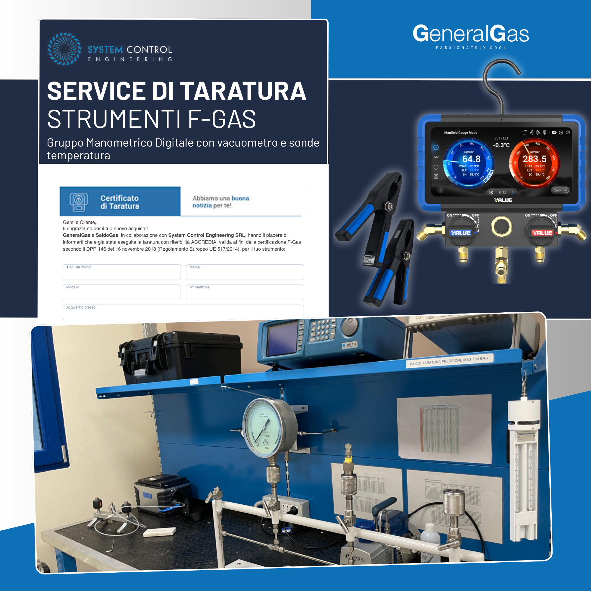 Calibration of Digital Manometric Group with vacuum gauge and temperature probes, with issue of F-Gas compliant certification