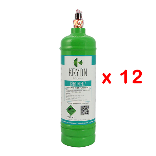 12 x R507 Confezione 12 Bombole KryoSmart 507 - 1 Lt / 750 Gr - 48 Bar - acciaio al carbonio - valvola ¼ SAE RH
