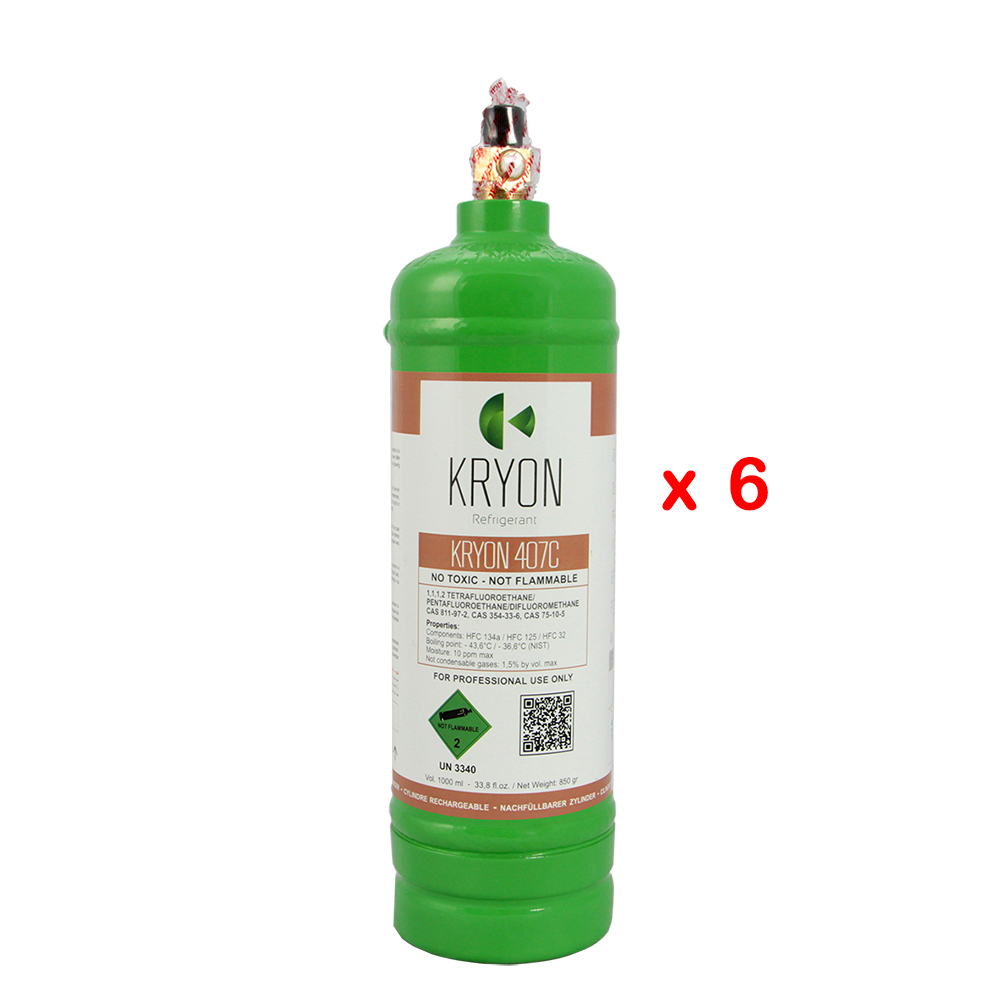 6 x R407C confezione 6 Bombole KryoSmart di R407C - 1 Lt/0,85 kg. - 48 Bar - acciaio al carbonio - valvola ¼ SAE RH