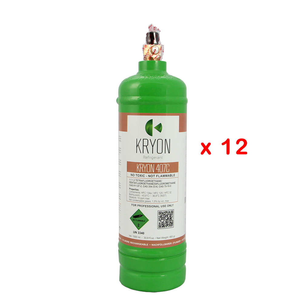 12 x R407C confezione 12 Bombole KryoSmart - 1 Lt. 0,85 kg. - 48 Bar - acciaio al carbonio - valvola ¼ SAE RH