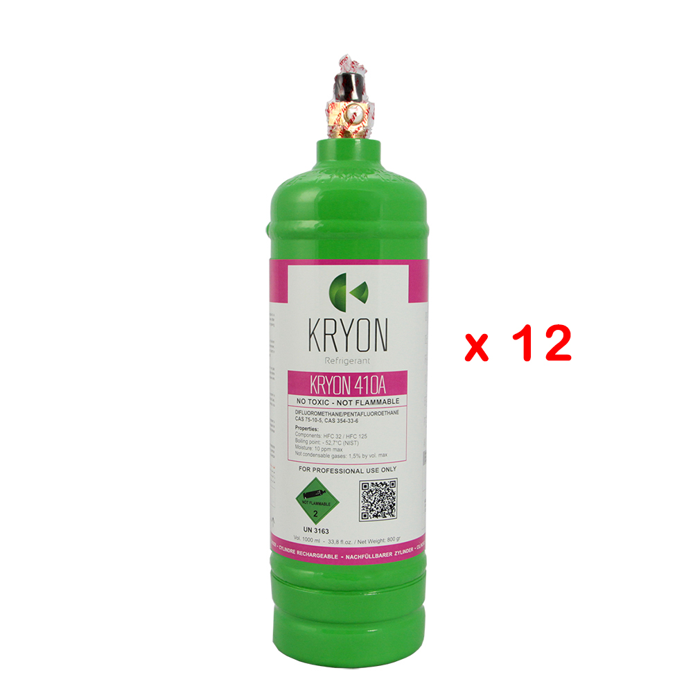 12 x R410A Confezione 12 Bombole KryoSmart - 1 Lt / 0,8 kg - 48 Bar - acciaio al carbonio - valvola 5/16 SAE RH