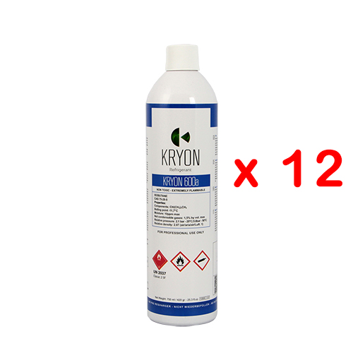 12 x R600a Kryon® 600a isobutano - Bombola Alluminio Aerosol (monouso non ricaricabile) 1.000 ml. / 420 grammi - 30 bar - valvola B188 7/16 20 UNF EU - confezione da 12 pezzi