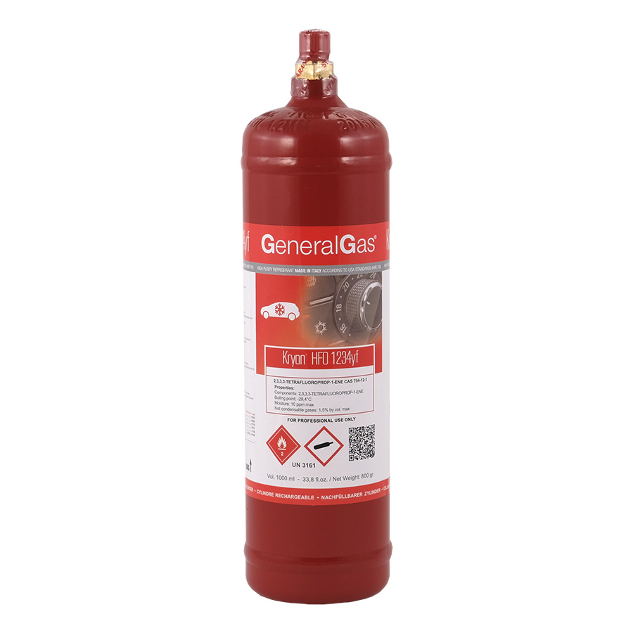 12 x R-1234yf Kryon® HFO1234yf in T-PED carbon steel cylinder 1,1 Lt / 0,8 Kg - 48 Bar - valve ½ ACME LH - package 12 pieces