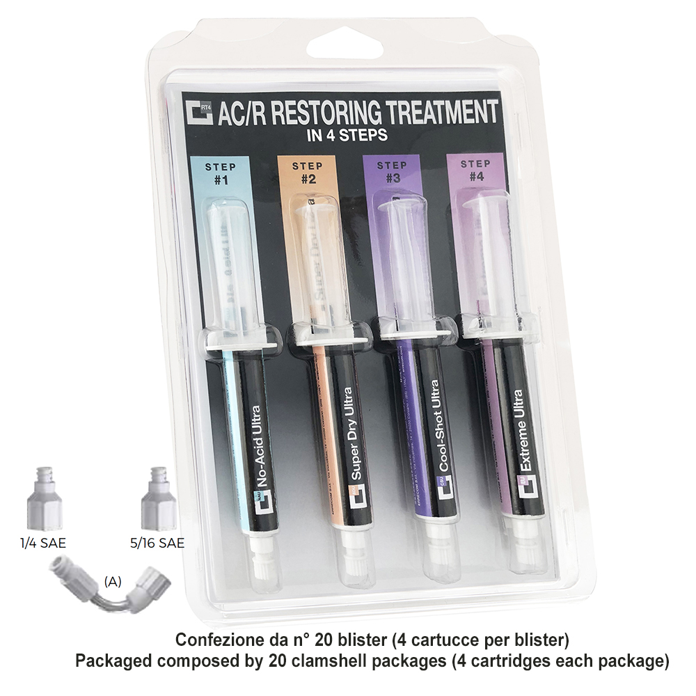 20 x Complete Treatment Kit AC/R RESTORING TREATMENT (KIT ULTRA) - 4 Cartridges in Clamshell packaging + 1/4 SAE and 5/16 SAE adapters + flexible adapter - packages # 20 pieces