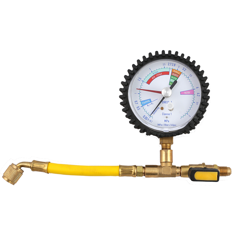 Pressure gauge for leak detection (with colour coded sections), fitted with flexible tube and ball valve