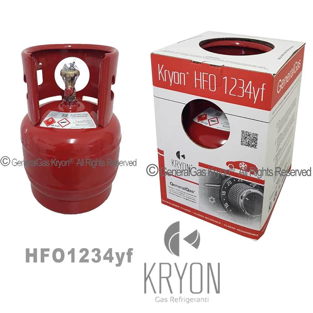 1234yf Kryon® HFO1234yf in T-PED cylinder 6 Lt / 5 Kg - valve 1/2 - 16 ACME LH - 42 Bar sold in package box (EXPORT package, adapter with outlet HP J2888 quick connection not included) 