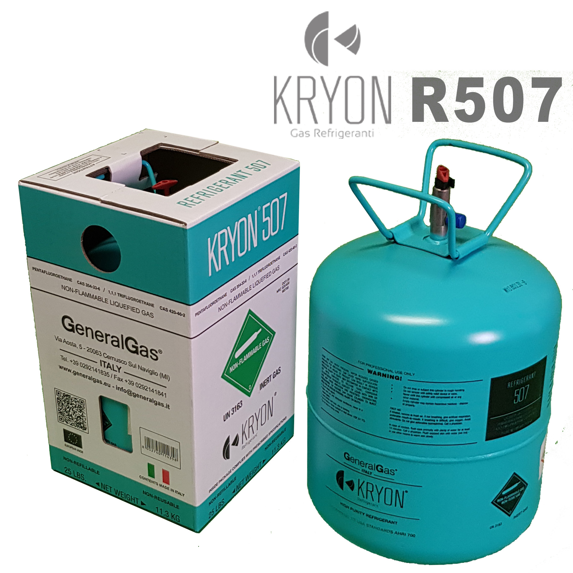 R507 Kryon® 507 in DOT39 (USA standard) non-refillable cylinder 13,77 Lt / 27 Bar - valve ¼ SAE RH - net 11,3 Kg - MADE IN ITALY European Union (gas quality meets AHRI700-2019 std.)