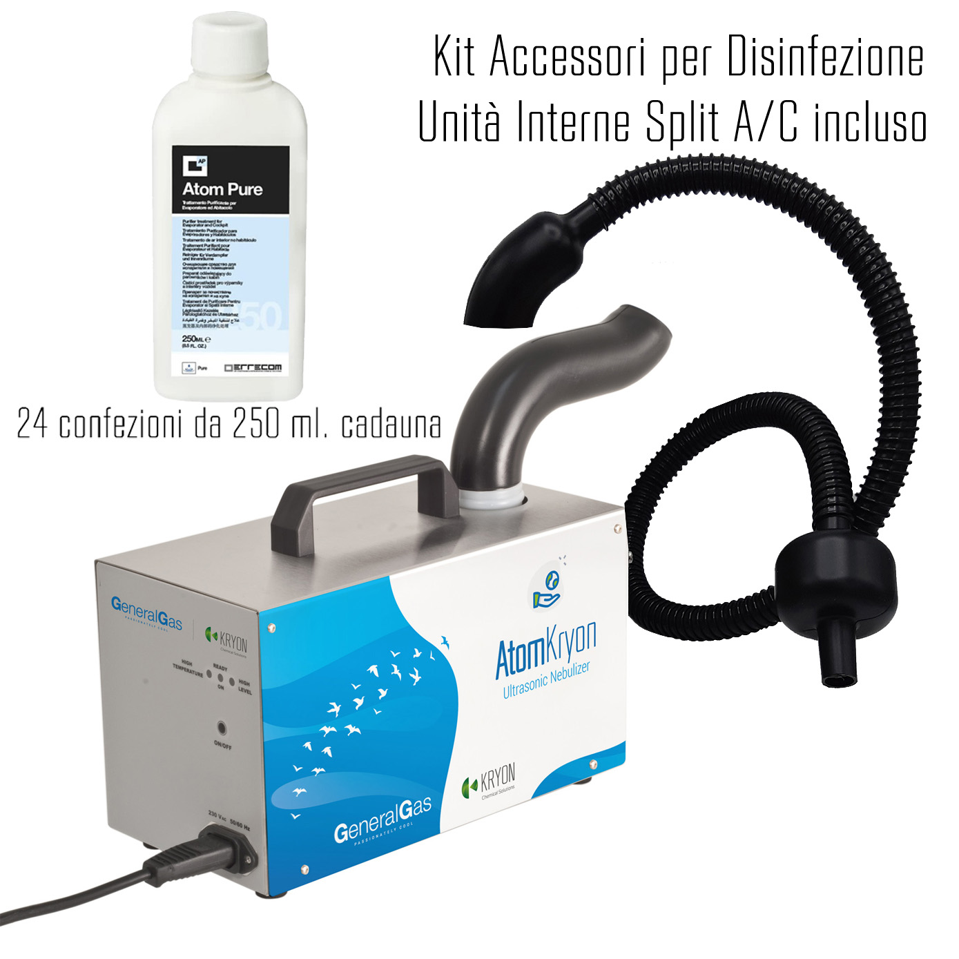 AtomKryon  - Ultrasonic Professional Nebulizer for Ambient Purifying, complete with n° 24 ATOM LIQUID disinfectant treatments 250 ml., accessory kit with revolving fitting, liquid receiver and Airflex pipe length 2,5 meters dia. 20 mm. - Package # 1 pc.