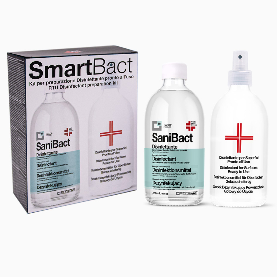 SMARTBACT - RTU Disinfectant preparation Kit ready to use, with Bactericide and Virucidal Efficacy (biocide) – SANIBACT - box containing a bottle of Concentrated Disinfectant 500 ml, 20 ml measuring cup and 500 ml spray pump empty bottle