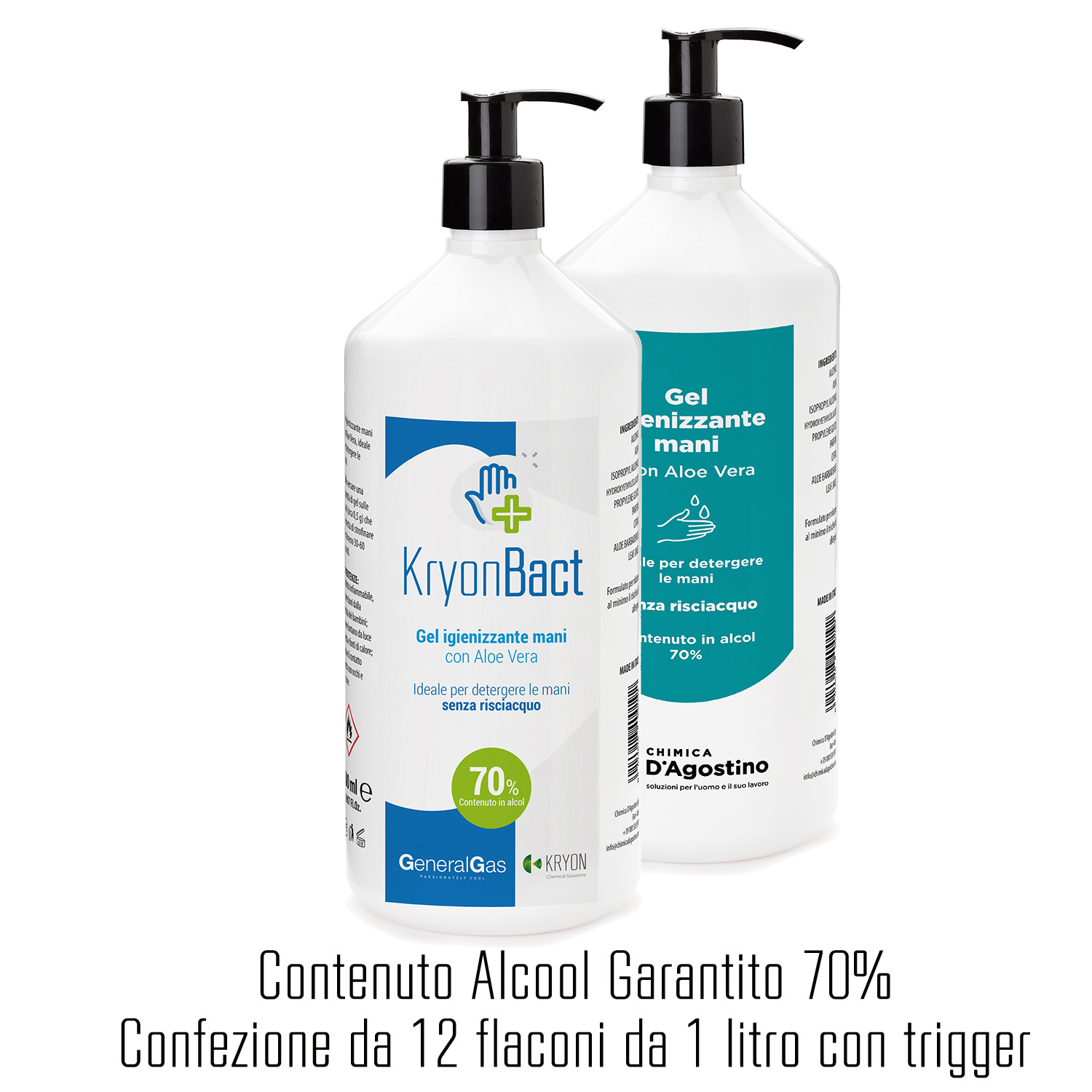 12 x KryonBact 70 - gel igienizzante alcool 70% - 1 litro - confezione 12 pezzi con dosatore