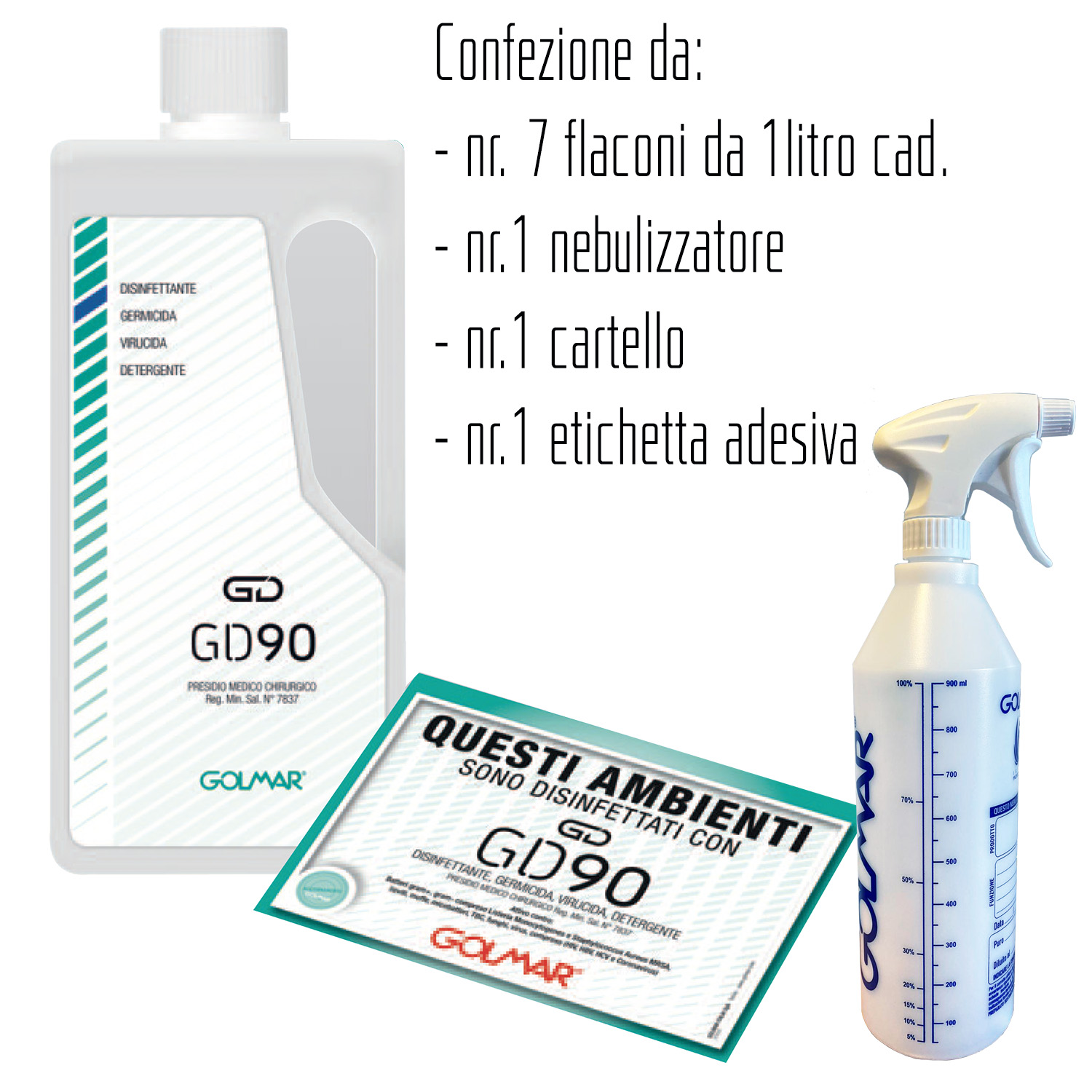 GD90 liquid 1 liter - Biocide - broad-spectrum professional disinfectant (effective against viruses including Coronavirus, bacteria, yeasts and molds) - package with 7 bottles 1 liter, 1 trigger bottle.