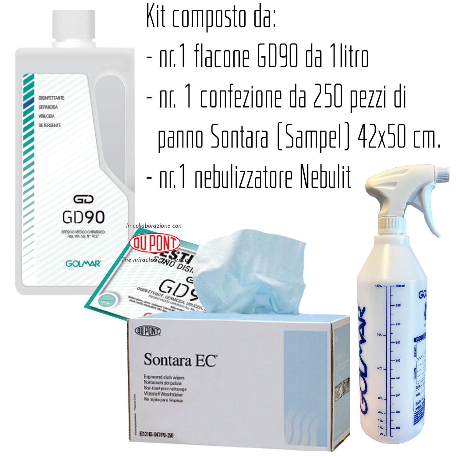 Kit including: n° 1 bottle GD90 liquid 1 liter - Biocide - broad-spectrum professional disinfectant (effective against viruses, bacteria, yeasts and molds), n° 1 trigger bottle NEBULIT (graduated nebulizer 1 lt – for dosing liquid GD90 diluted to 5% with water), n° 1 package with 250 pcs. SONTARA EC® - High-performance non-woven fabric cloth 42x50 cm