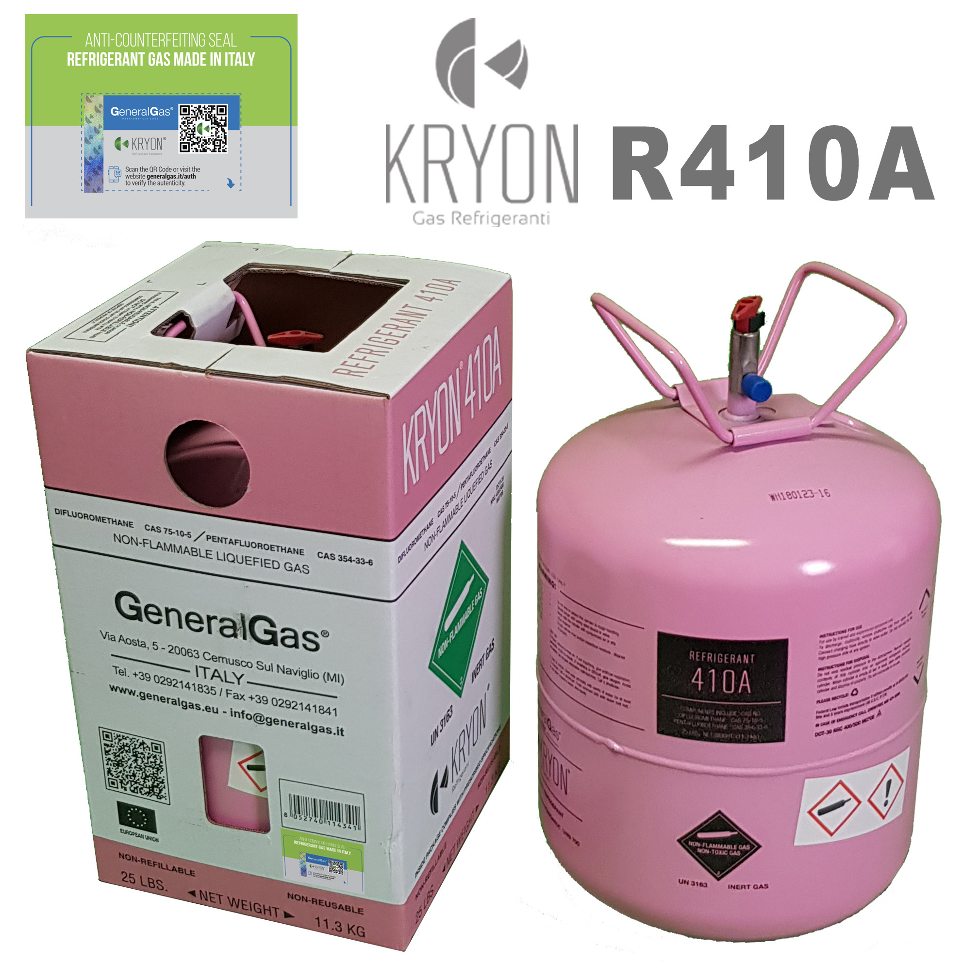 R410A Kryon® 410A - in DOT39 (USA standard) non-refillable cylinder 13,77 Lt / 35 Bar - valve ¼ SAE RH - net 11,3 Kg - 25 lbs - MADE IN ITALY European Union (gas quality meets AHRI700-2019 std.)