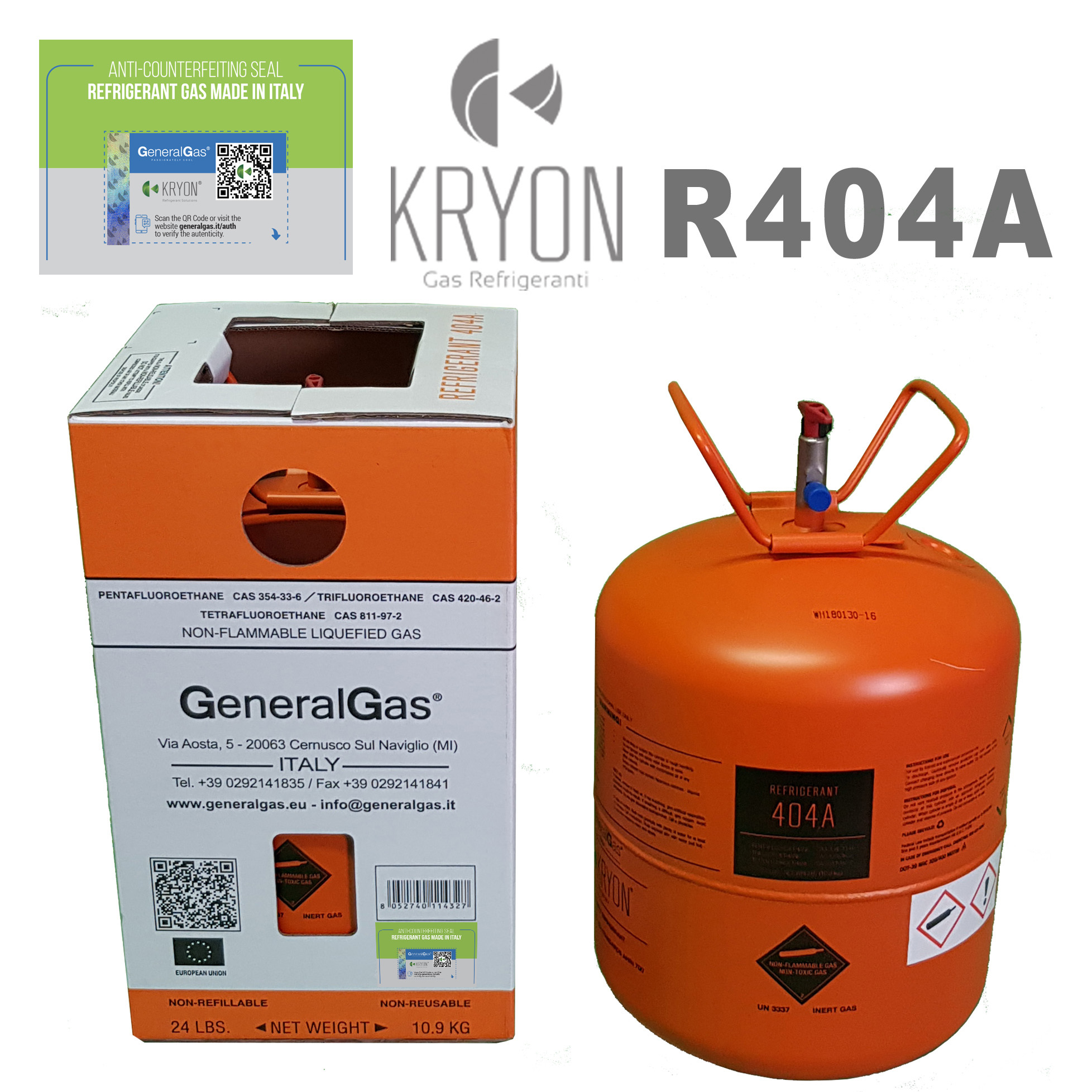 R404A Kryon® 404A in DOT39 (USA standard) non-refillable cylinder 13,77 Lt / 27 Bar - valve ¼ SAE RH - net 10,9 Kg/24 lb - MADE IN ITALY European Union (gas quality meets AHRI700-2019 std.)