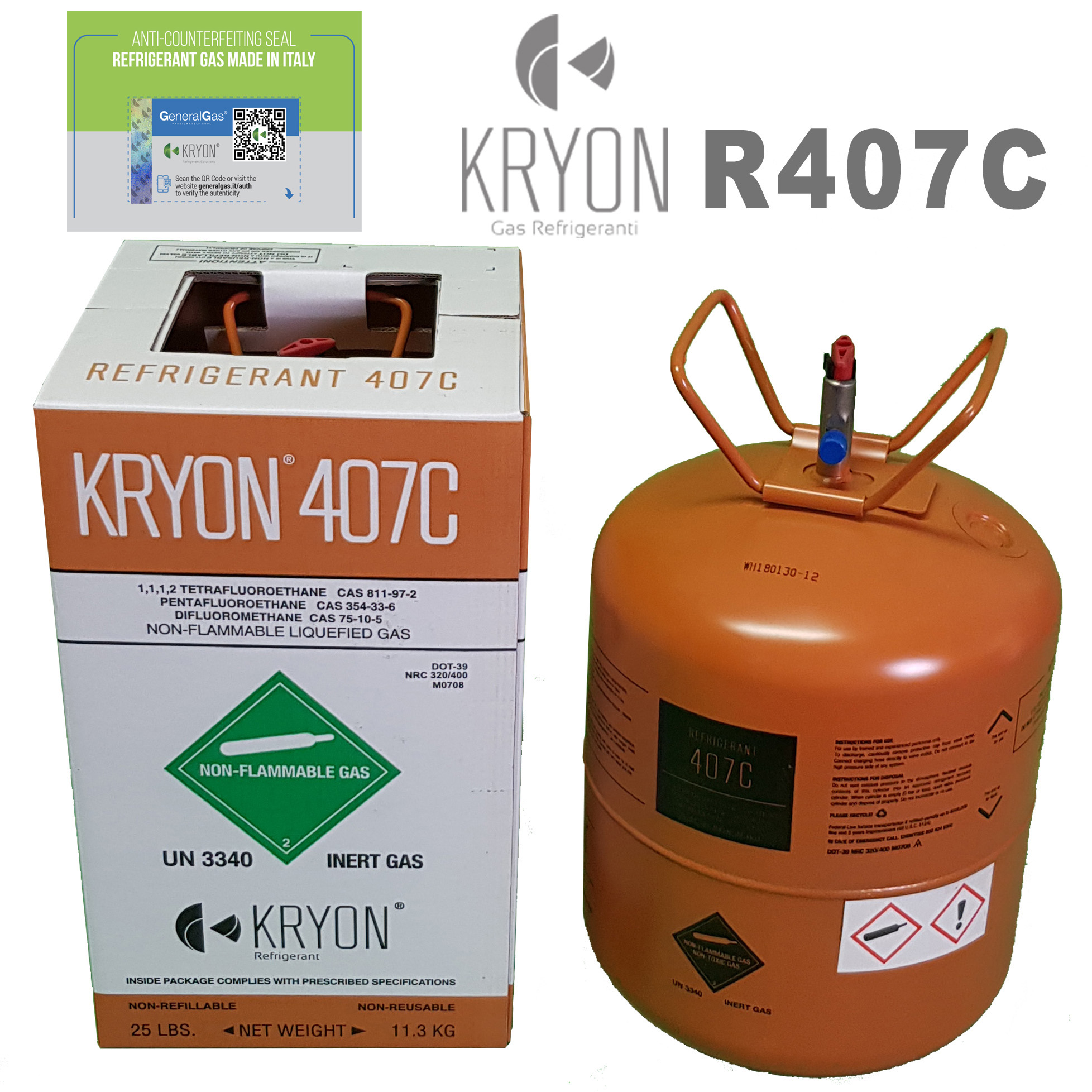 R407C Kryon® 407C - DOT39 (USA standard) non-refillable cylinder 13,77 Lt / 27 Bar - valve ¼ SAE RH - net 11,3 kg/25 lb - MADE IN ITALY European Union (gas quality meets AHRI700-2019 std.)
