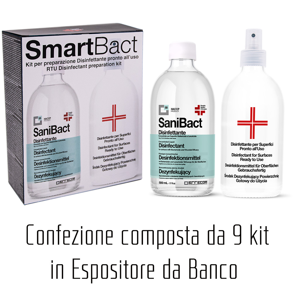 SMARTBACT - RTU Disinfectant preparation Kit ready to use, with Bactericide and Virucidal Efficacy (biocide) – SANIBACT - box containing a bottle of Concentrated Disinfectant 500 ml, 20 ml measuring cup and 500 ml spray pump empty bottle – package with n° 9 pcs.