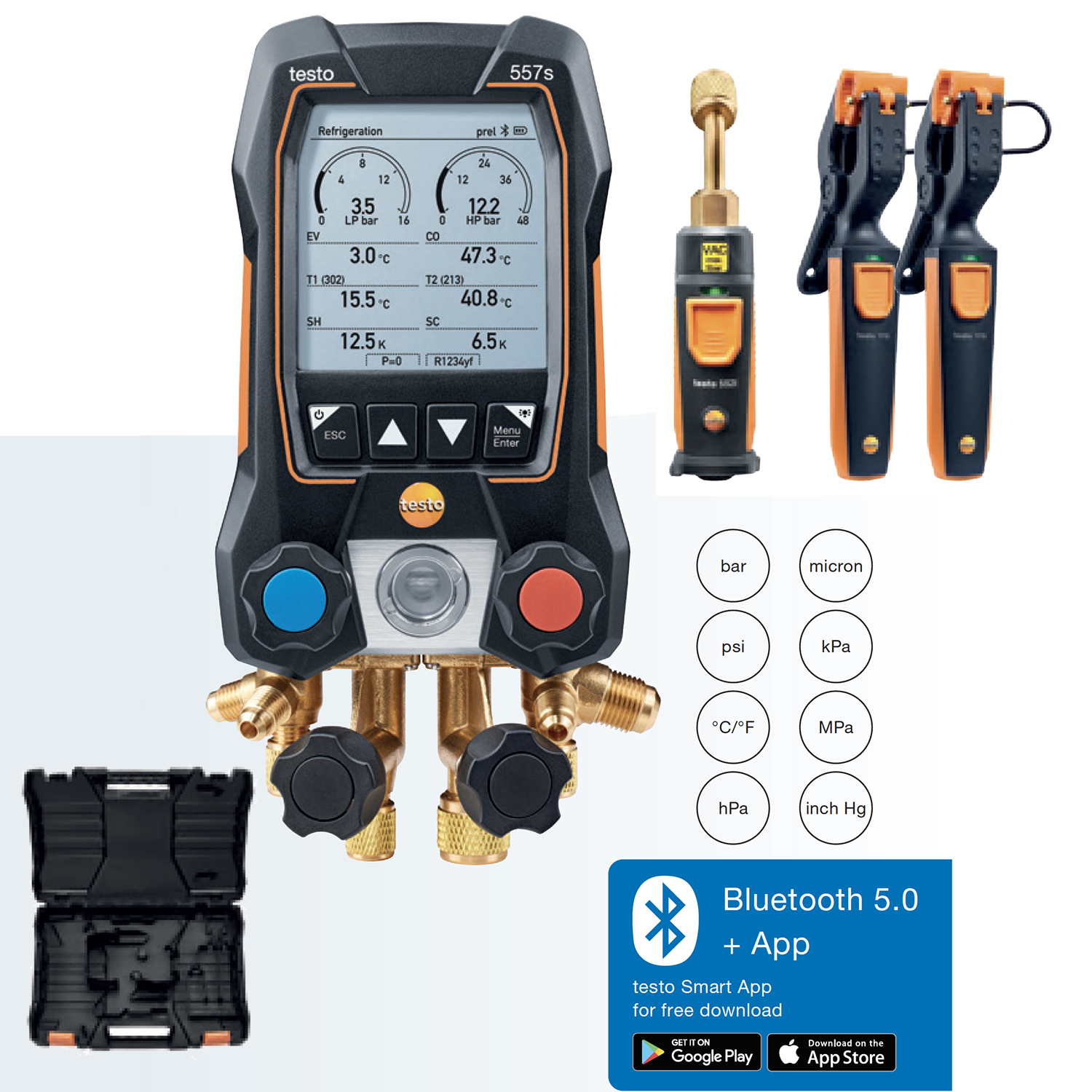 Testo 557s – Digital manifold with Bluetooth and 4-way valve block (compatible with system Testo SmartApp) - included 2 temperature probes + 1 vacuum probe, wireless