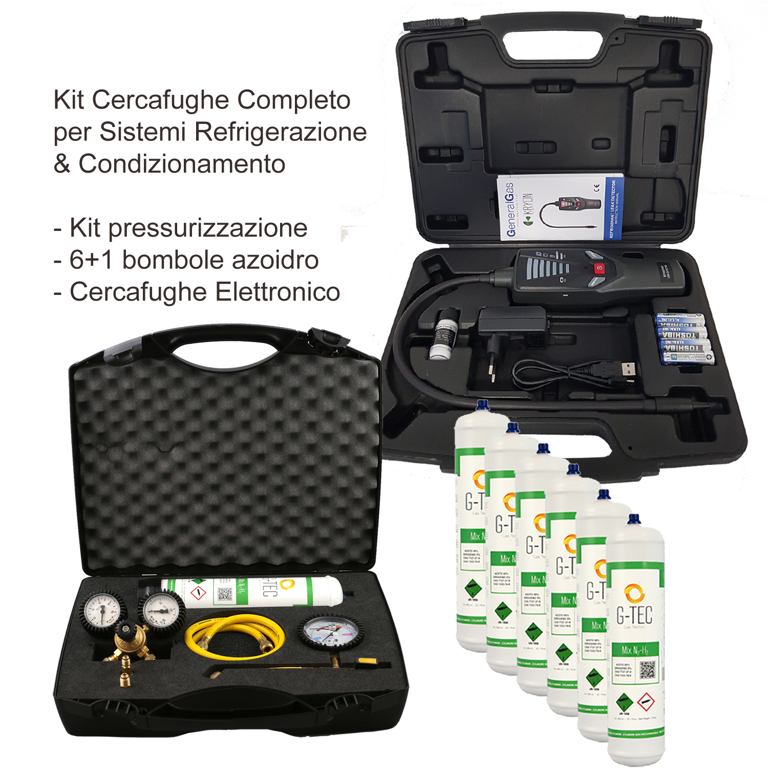 Complete kit for Leak Detection R&A/C systems, composed by pressure reducer, nitrogen/hydrogen blend and electronic leak detector (calibration certificate included)