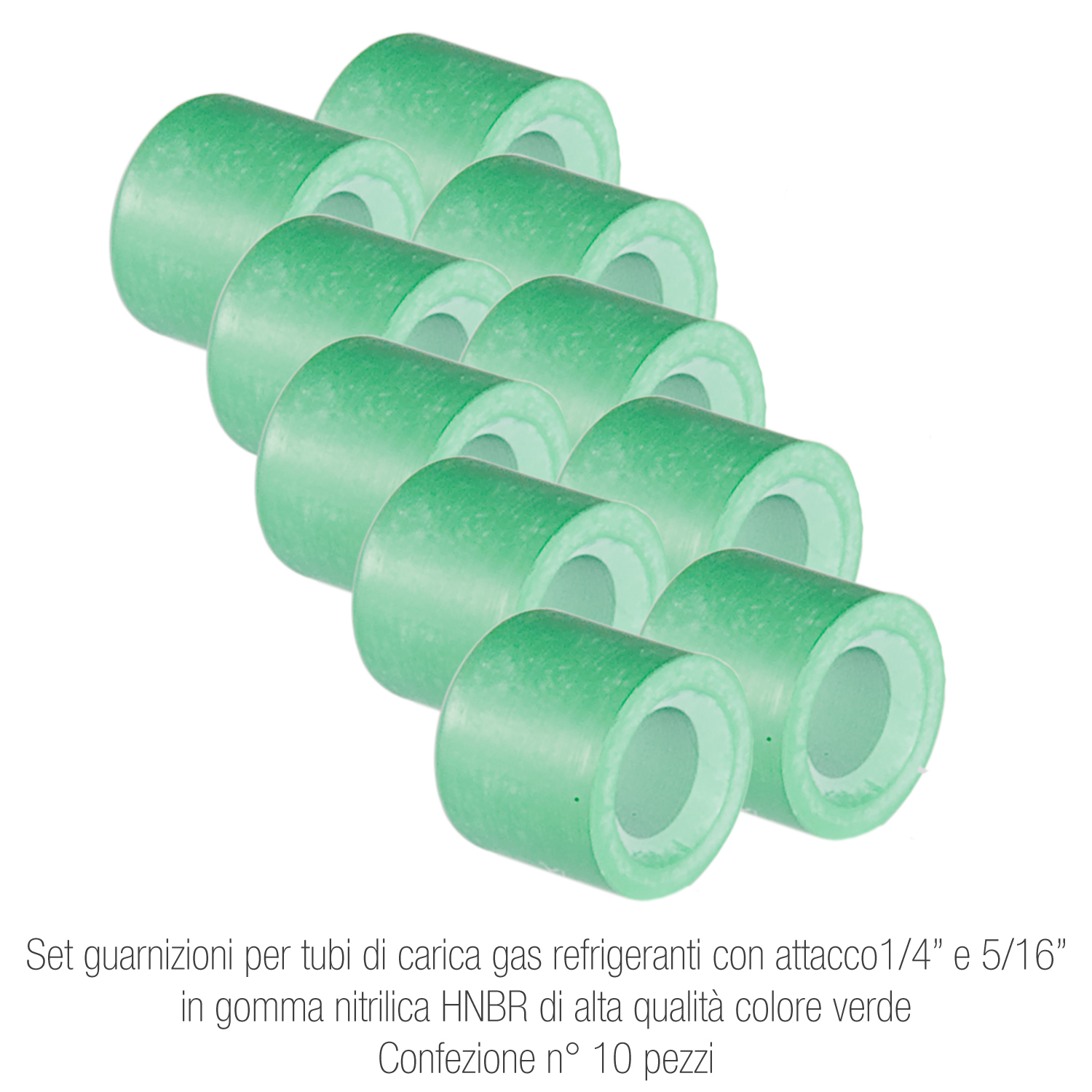 Set guarnizioni per tubi di carica gas refrigeranti - attacco ¼ e 5/16, in gomma nitrilica HNBR alta qualità colore verde - confezione n° 10 pezzi - Foto 1 