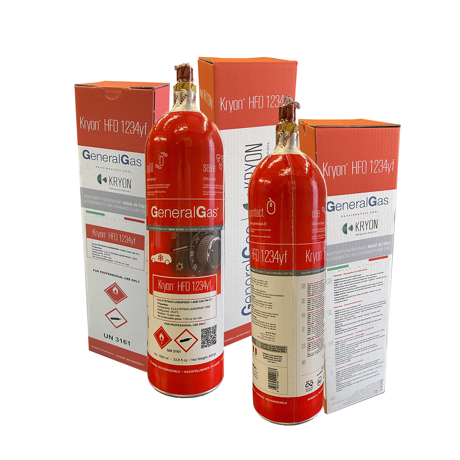 12 x R-1234yf Kryon® HFO1234yf in T-PED aluminum cylinder 1,1 Lt / 0,8 Kg - 48 Bar - valve ½ ACME LH - package with 12 pieces