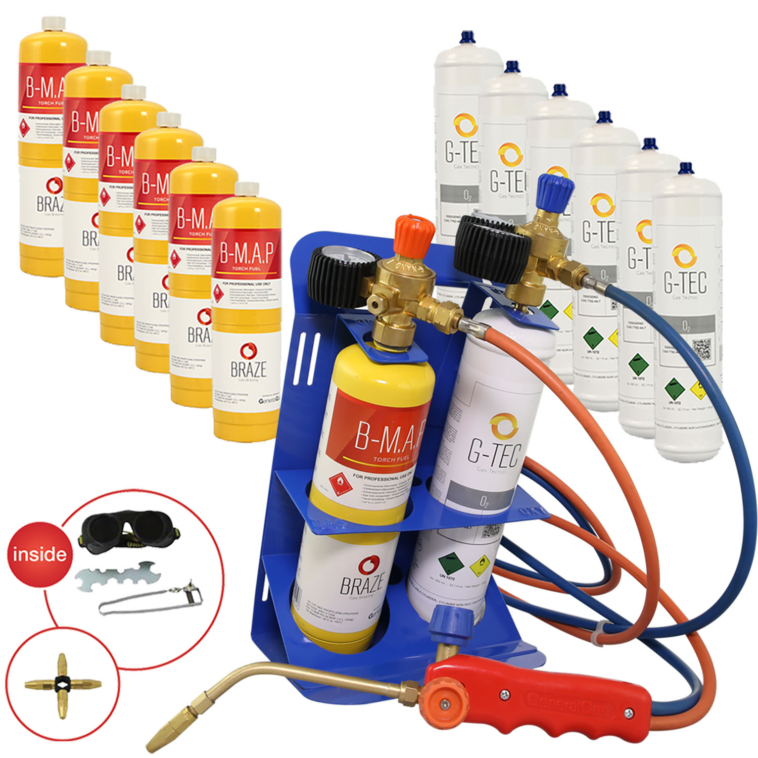 MAXIFLAME - Brazing Kit + n° 7 Oxygen cylinders + n° 7 MAP cylinders (with pressure reducers and gauges) -  flame temperature up to  3.100 °C