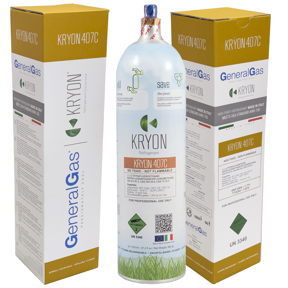 12 x R407C confezione 12 Bombole KryoSmart Alu - 1,1 Lt/ 0,85 kg. - 48 Bar - alluminio - valvola ¼ SAE RH