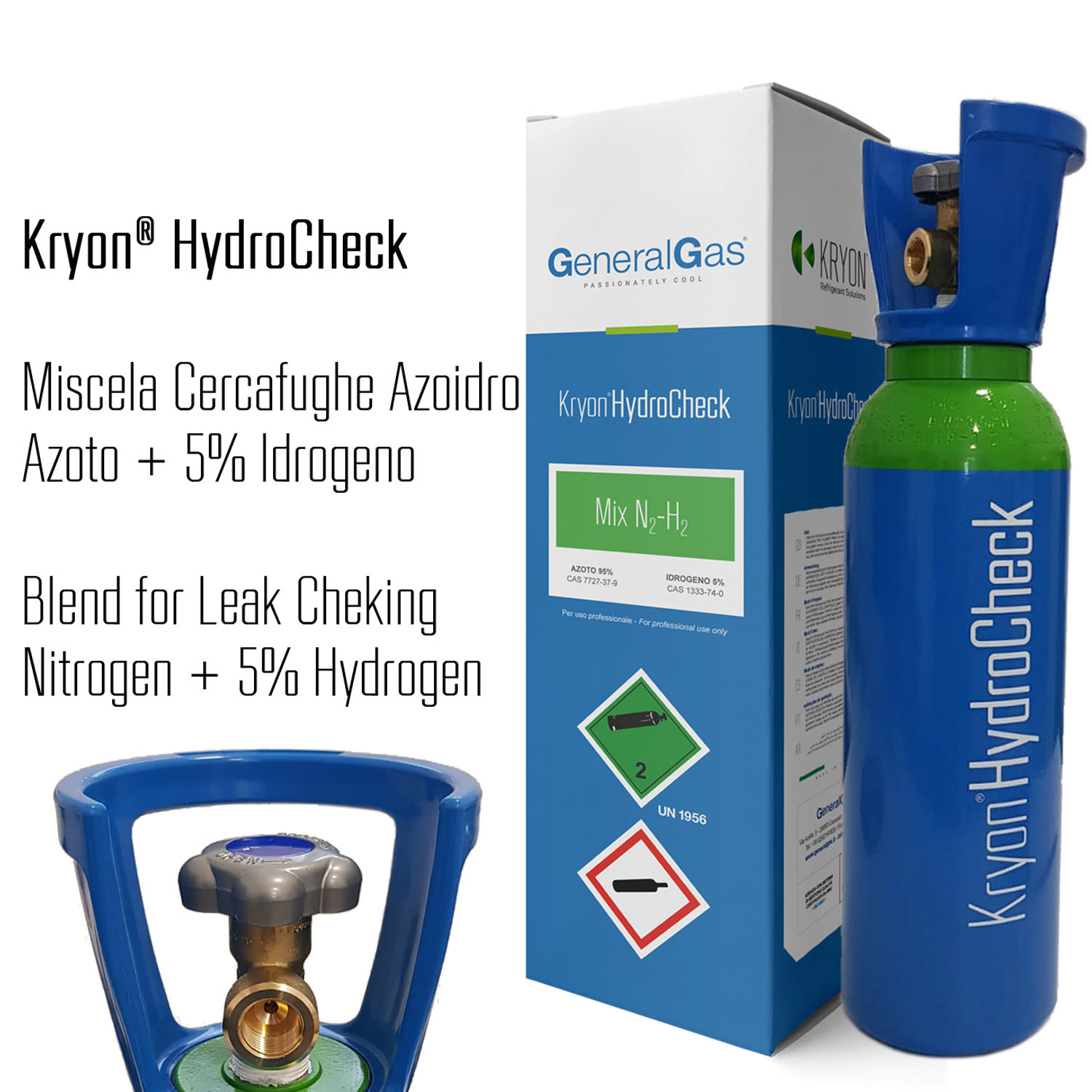 Kryon® HydroCheck - bombola azoto 5% idrogeno (miscela cercafughe azoidro) capacità 5 litri 200 bar - caricata con 1 mc di miscela, completa di valvola