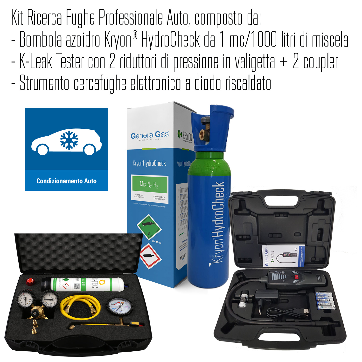 Kit Ricerca Fughe Professionale (Condizionamento Auto) composto da bombola azoidro Kryon® HydroCheck da 1 mc/1000 litri di miscela, K-Leak Tester e strumento cercafughe elettronico