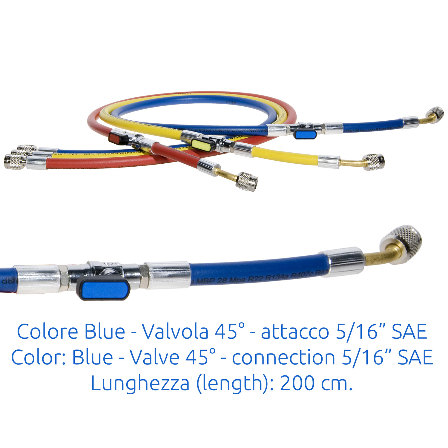 Charging Hose 5/16 SAE - 45° J2196 L - 200 cm (high quality - original Continental) with Ball Valve BLUE - Package # 1 pc.