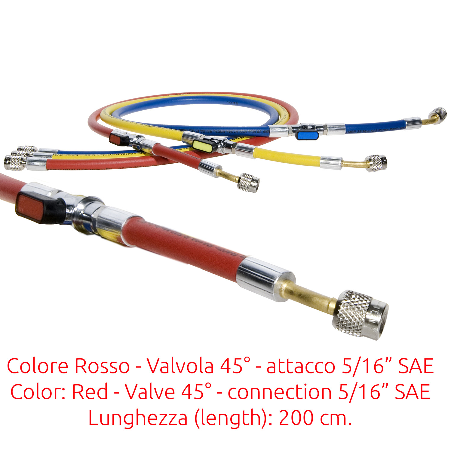 Charging Hose 5/16 SAE - 45° J2196 L - 200 cm (high quality - original Continental) with Ball Valve RED - Package # 1 pc.