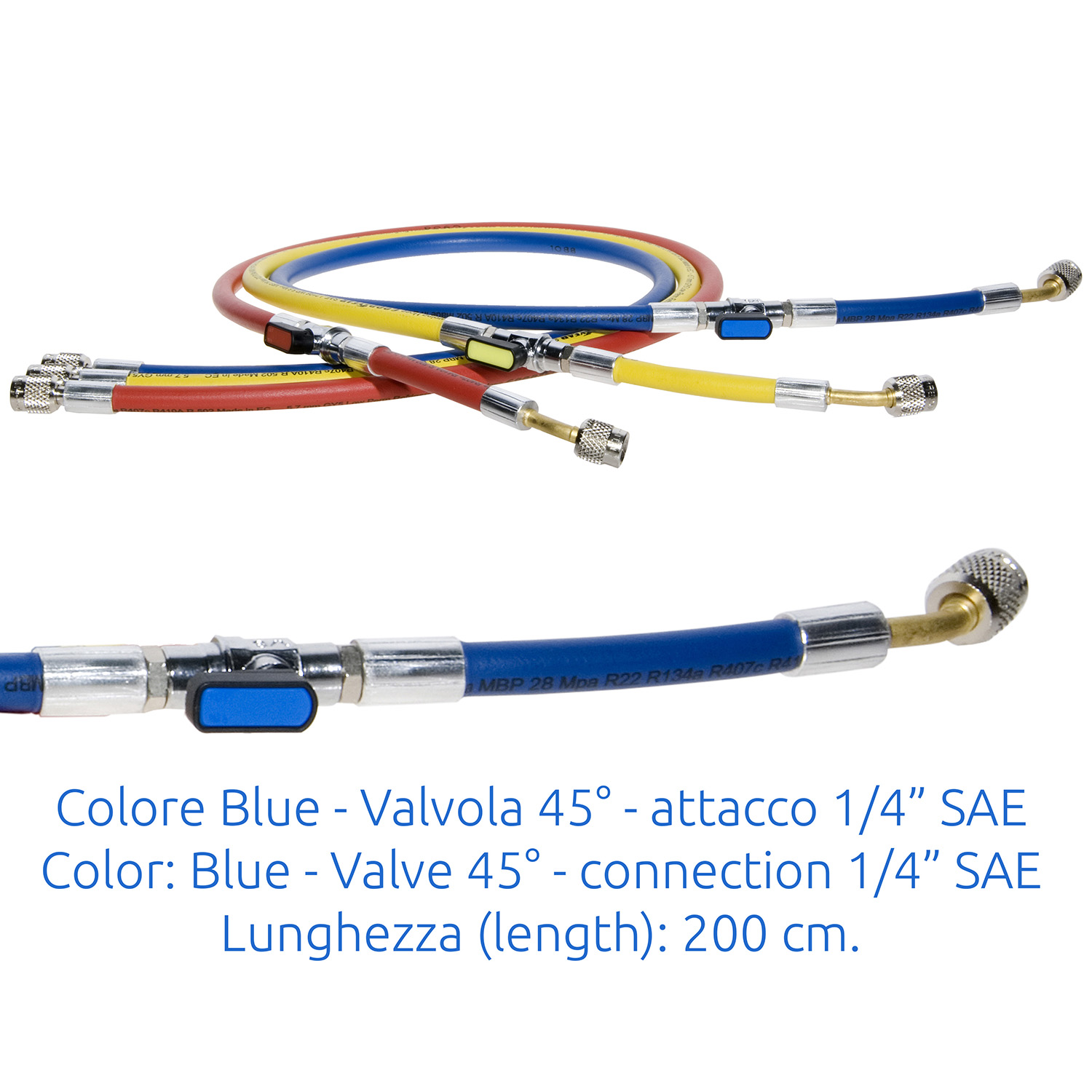 Charging Hose 1/4 SAE - 45° J2196 L - 200 cm (high quality - original Continental) with Ball Valve BLUE - Package # 1 pc.