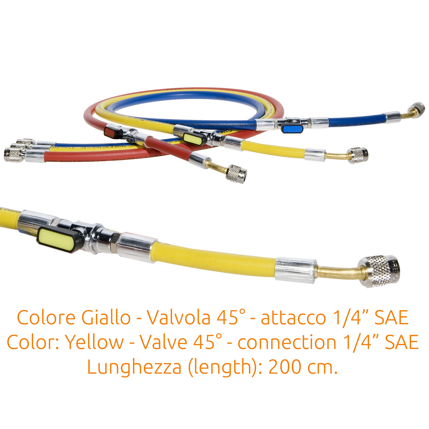 Charging Hose 1/4 SAE - 45° J2196 L - 200 cm (high quality - original Continental) with Ball Valve YELLOW - Package # 1 pc.